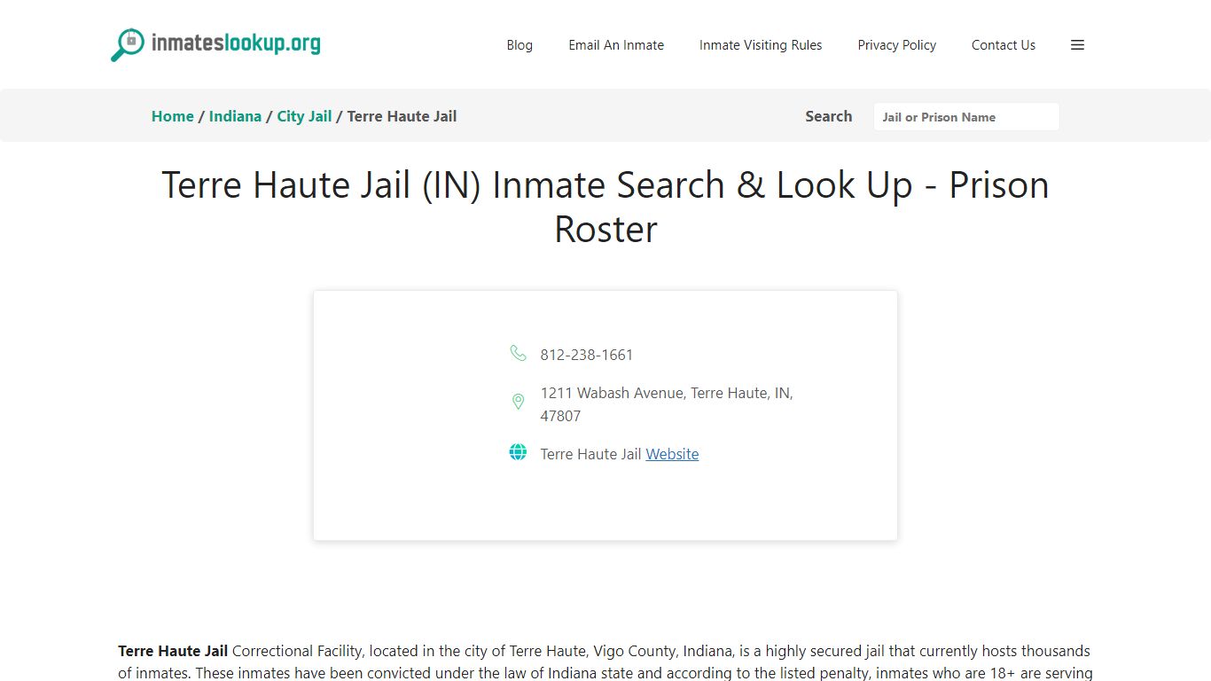 Terre Haute Jail (IN) Inmate Search & Look Up - Prison Roster